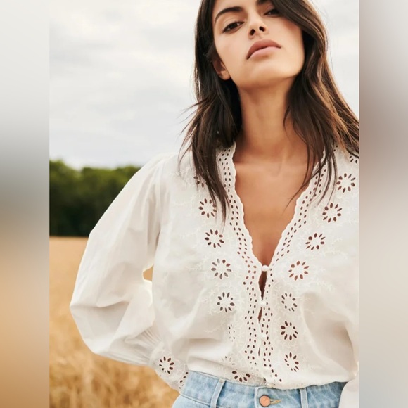 Embroidered Hollowed Out Eyelett Neckline Button Up Blouse with Balloon Sleeves - Picture 2 of 6